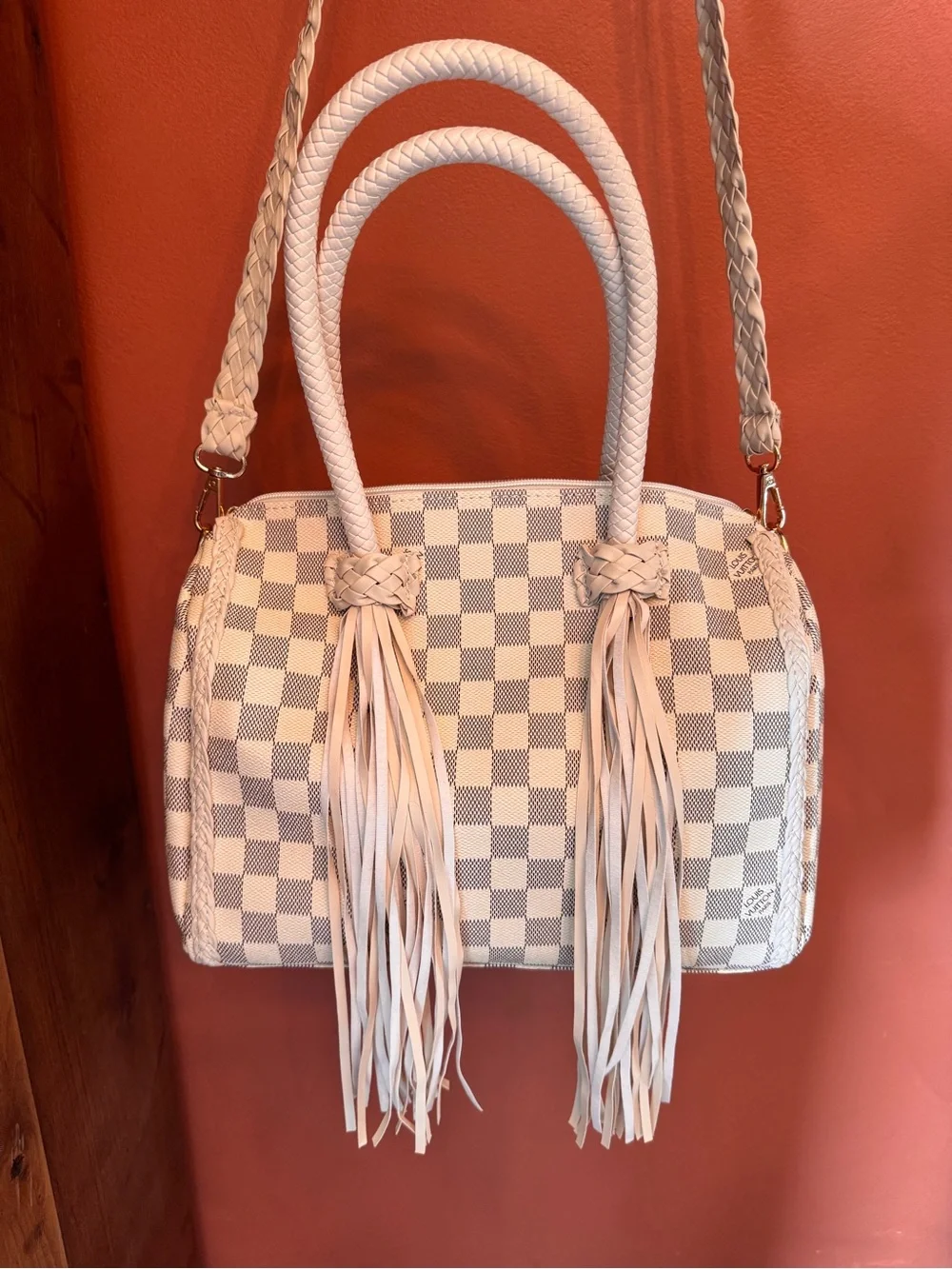 Louis Vuitton Ivory Checkered Satchel with Tassel Accents